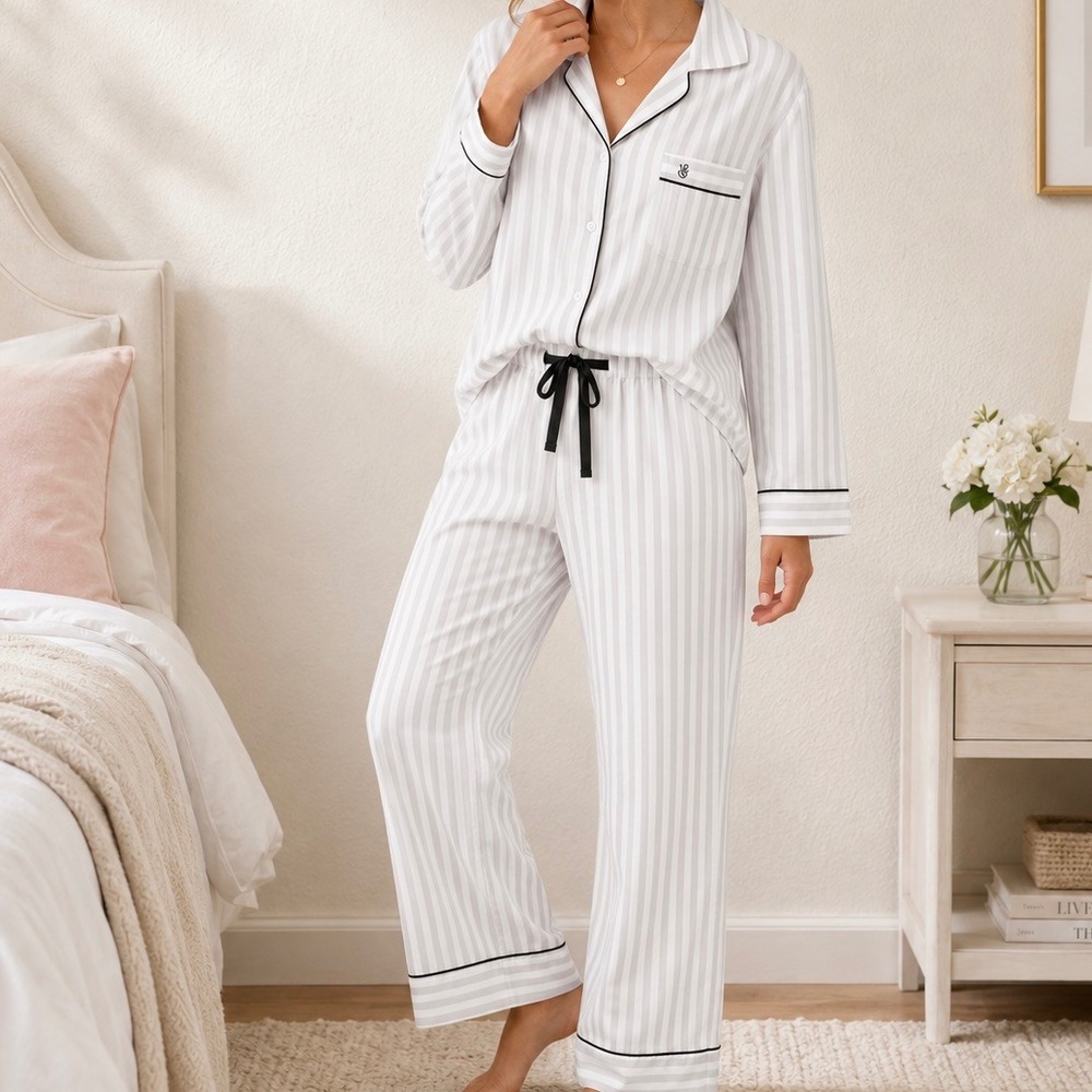 Victoria's Secret Satin Pajama Set Striped Long Sleeve Top & Pants Grey White S